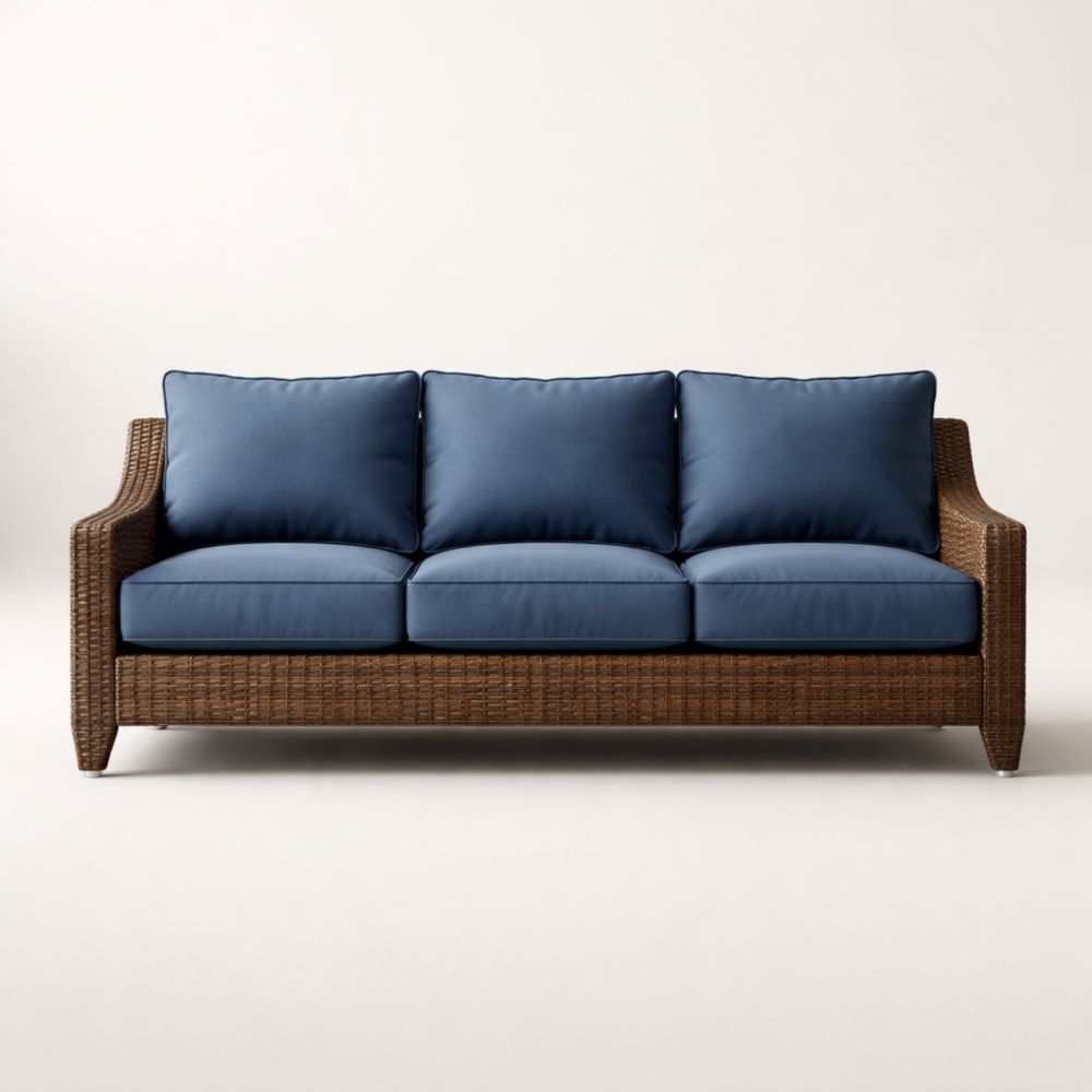 Rattan Woven Three-Seater Sofa with Blue Cushions-Verdadonna