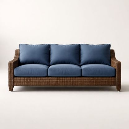 Rattan Woven Three-Seater Sofa with Blue Cushions-Verdadonna