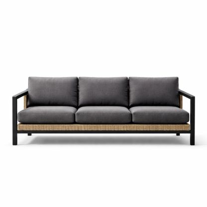 Outdoor Sofa with Aluminum Frame and Rattan Wicker, Grey Cushions, 168cm-Verdadonna