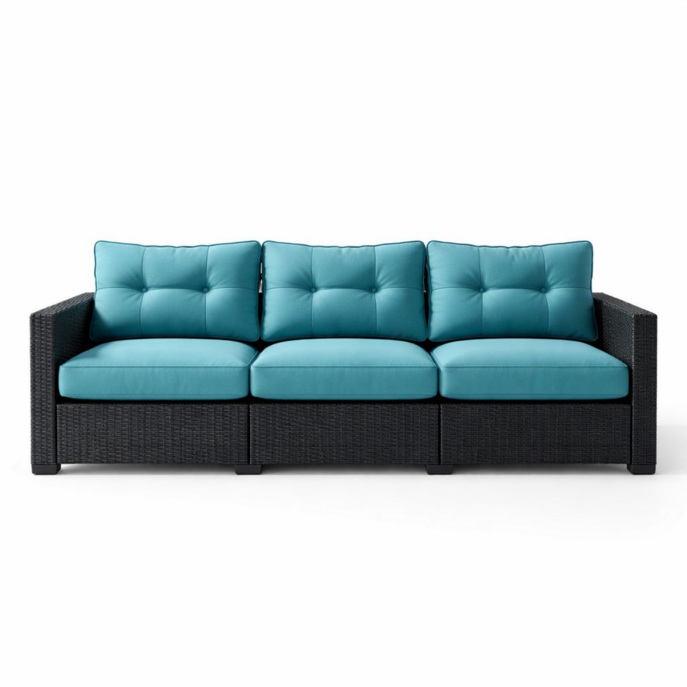 Outdoor Wicker 3-Seater Sofa with Removable Blue Cushions-Verdadonna