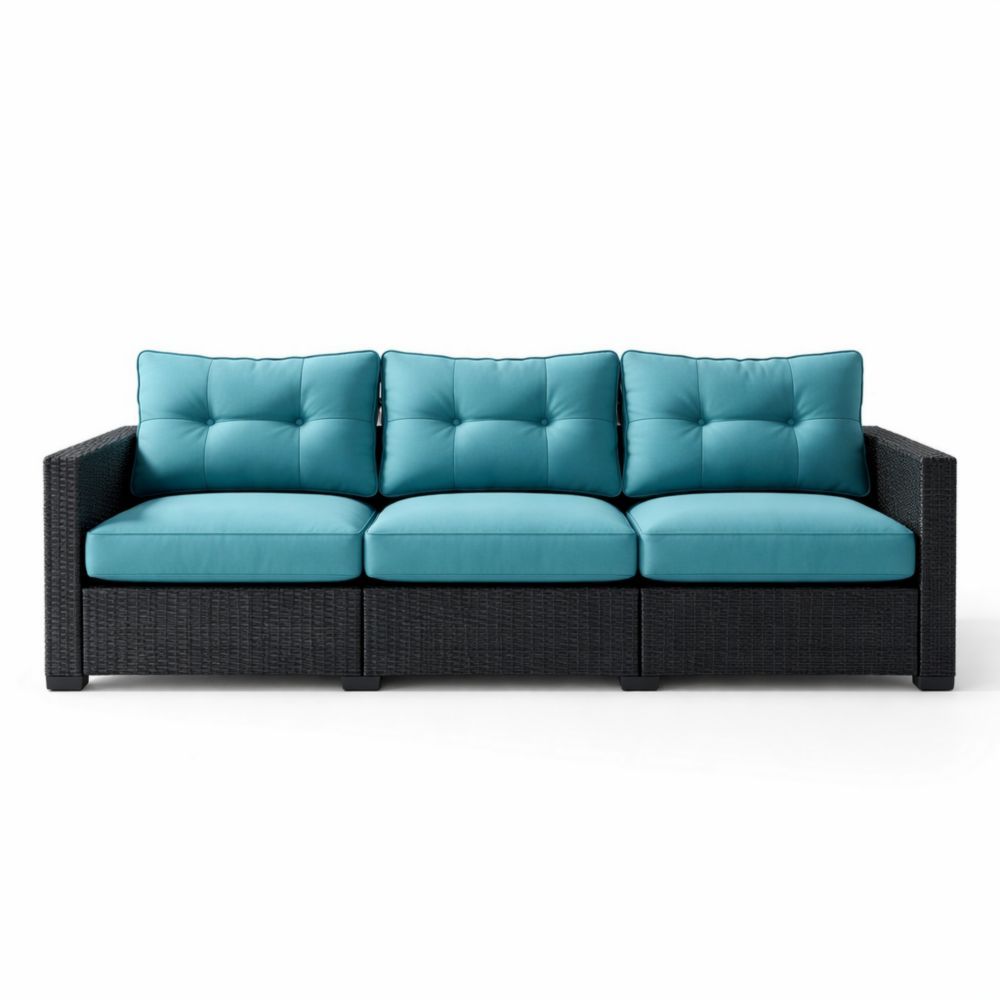 Outdoor Wicker 3-Seater Sofa with Removable Blue Cushions-Verdadonna