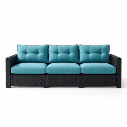 Outdoor Wicker 3-Seater Sofa with Removable Blue Cushions-Verdadonna