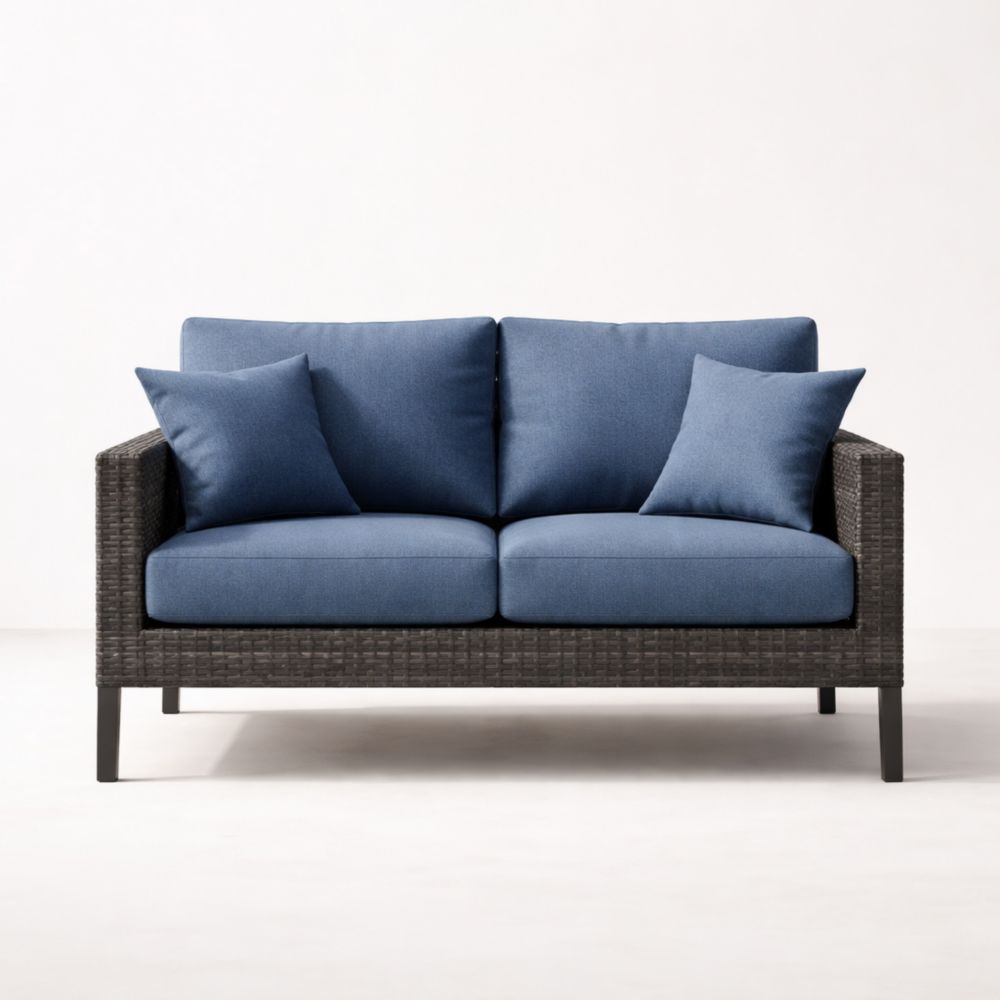 Outdoor Wicker Loveseat with Blue Cushions 140x80x70 cm-Naturavina