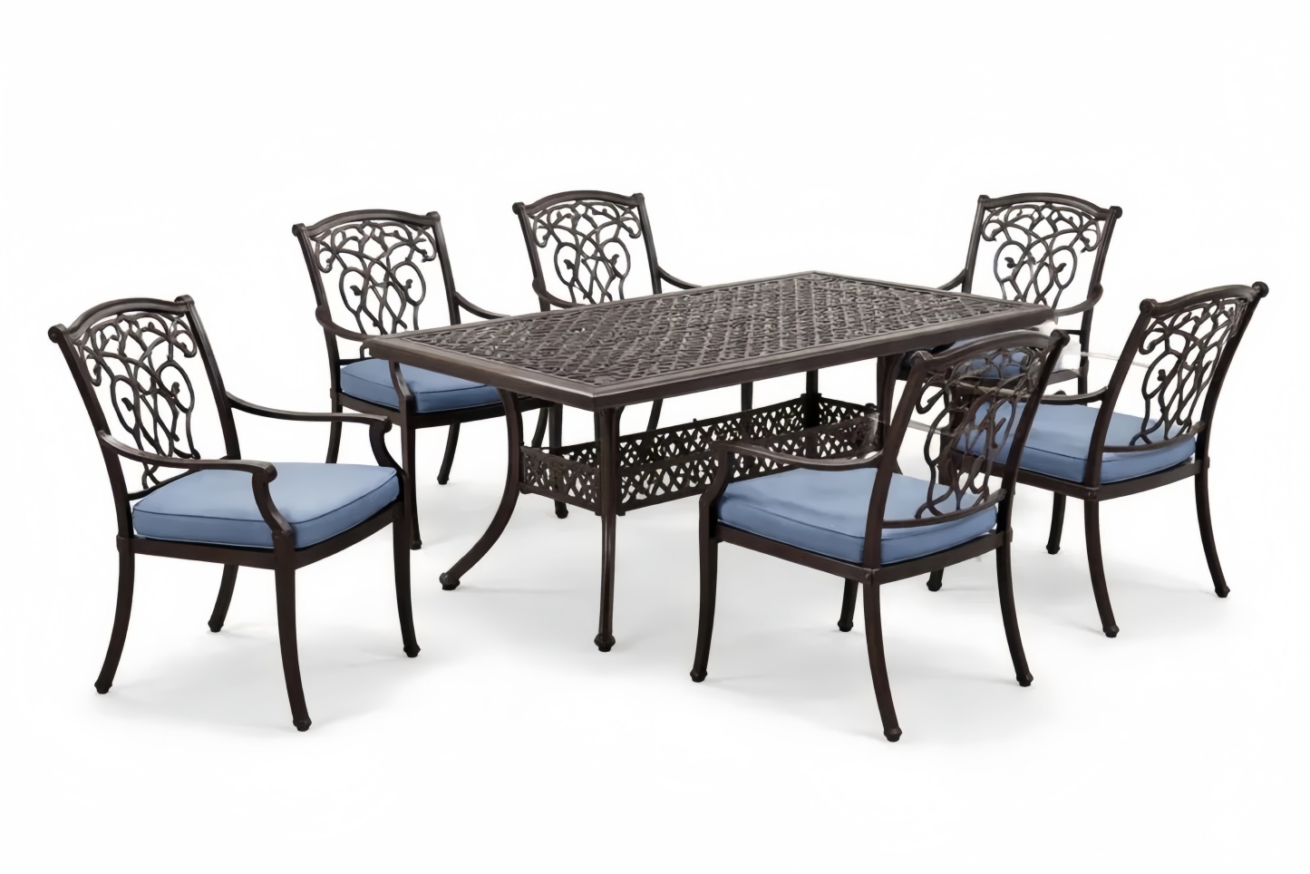 Cast Aluminum Outdoor Dining Table and Chair Set with Cushions Bronze/Blue