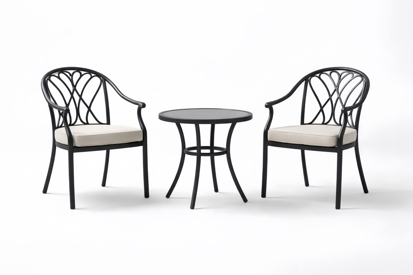 Outdoor Patio Bistro Set Steel Frame Tempered Glass Table with Beige Cushions