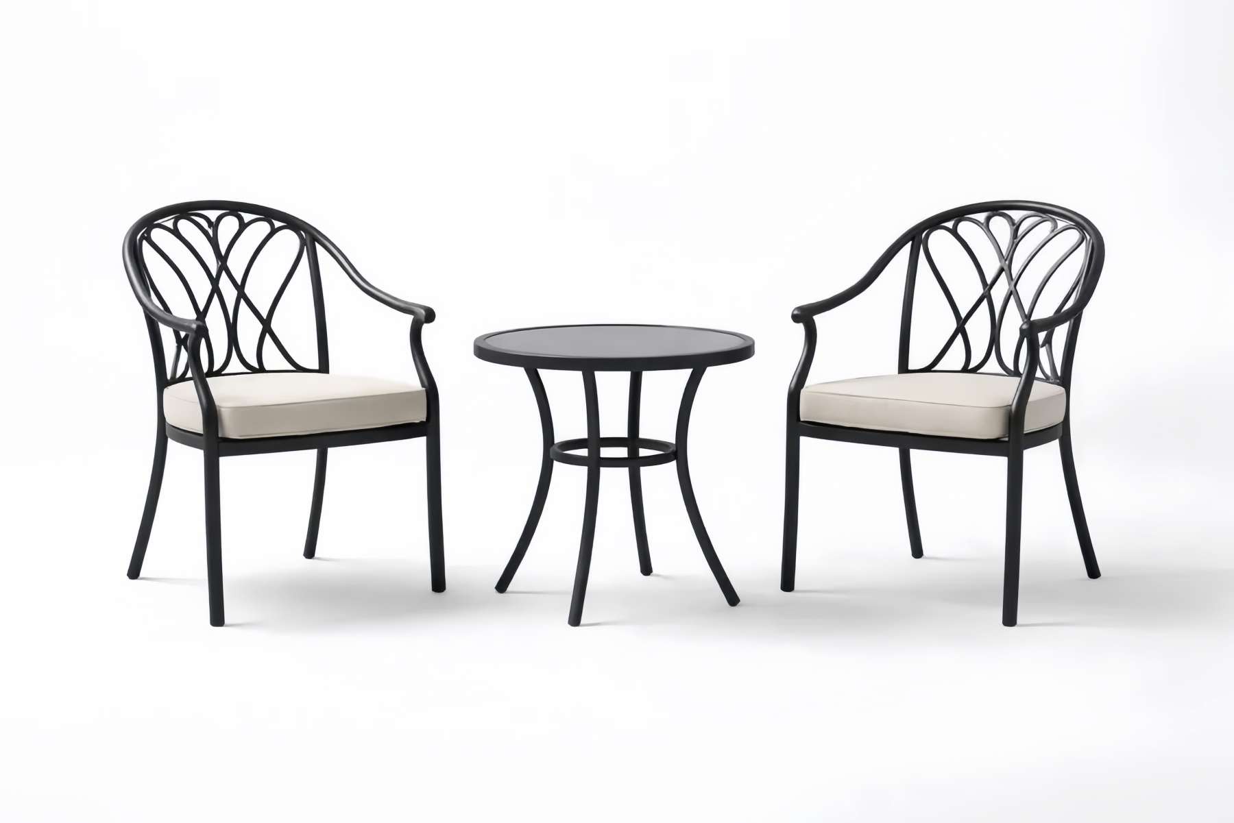 Outdoor Patio Bistro Set Steel Frame Tempered Glass Table with Beige Cushions