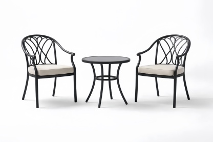 Outdoor Patio Bistro Set Steel Frame Tempered Glass Table with Beige Cushions