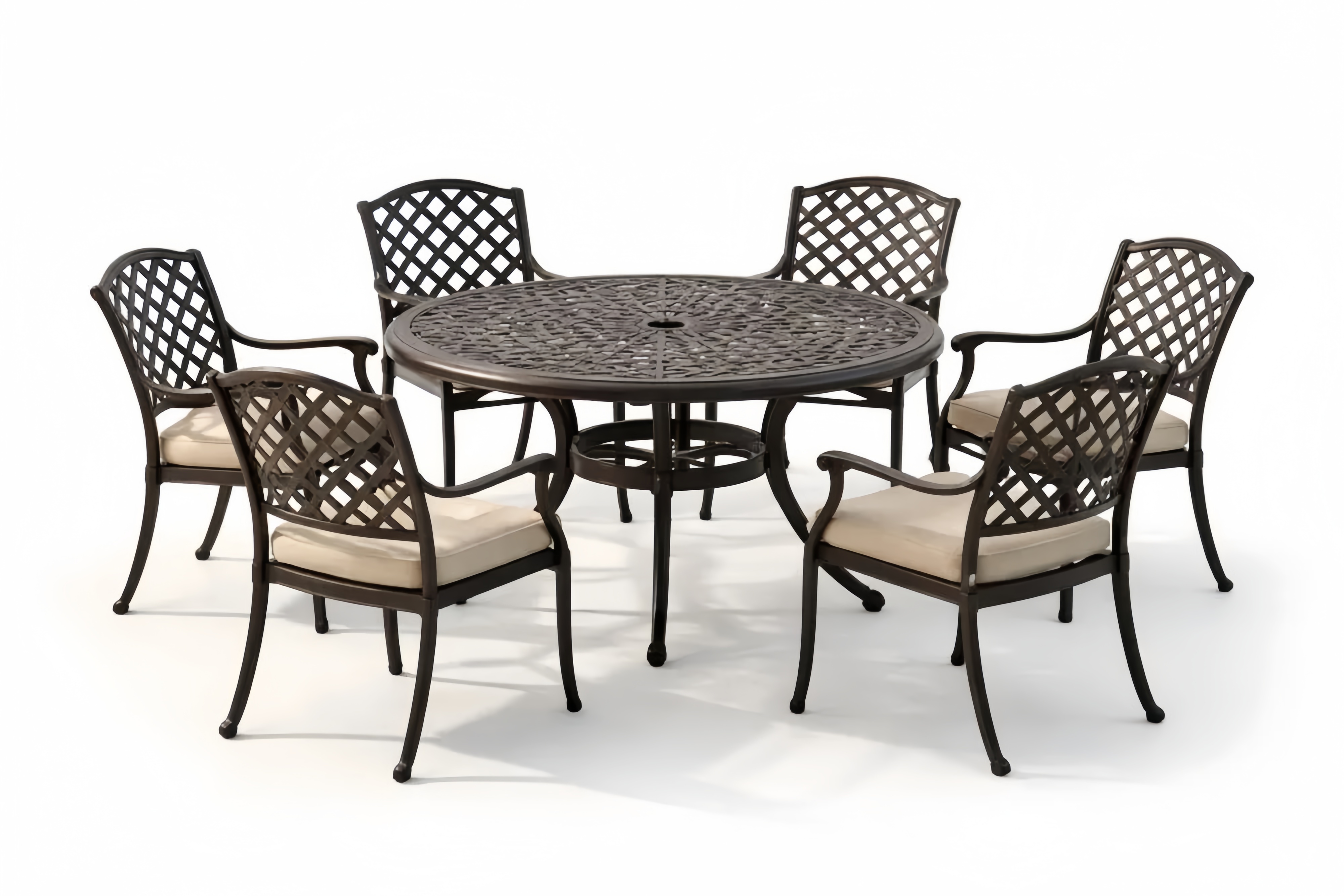 Aluminum Outdoor Patio Dining Set with Round Table and 6 Chairs Beige Cushions