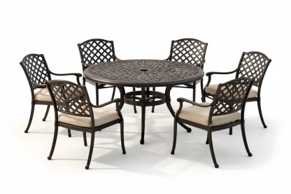 Aluminum Outdoor Patio Dining Set with Round Table and 6 Chairs Beige Cushions