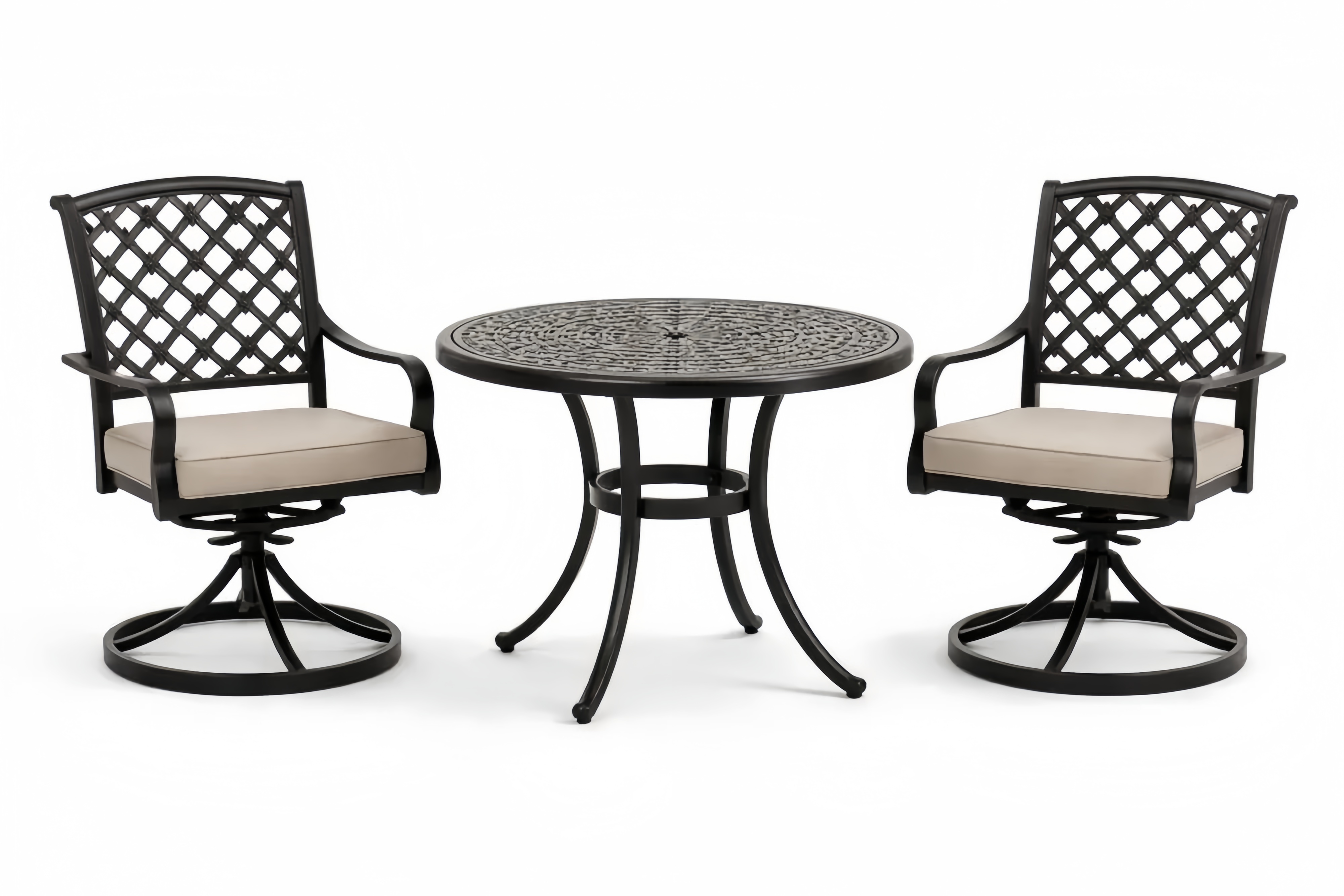 Outdoor Aluminum Patio Bistro Set with Cushioned Chairs and Round Table in Black