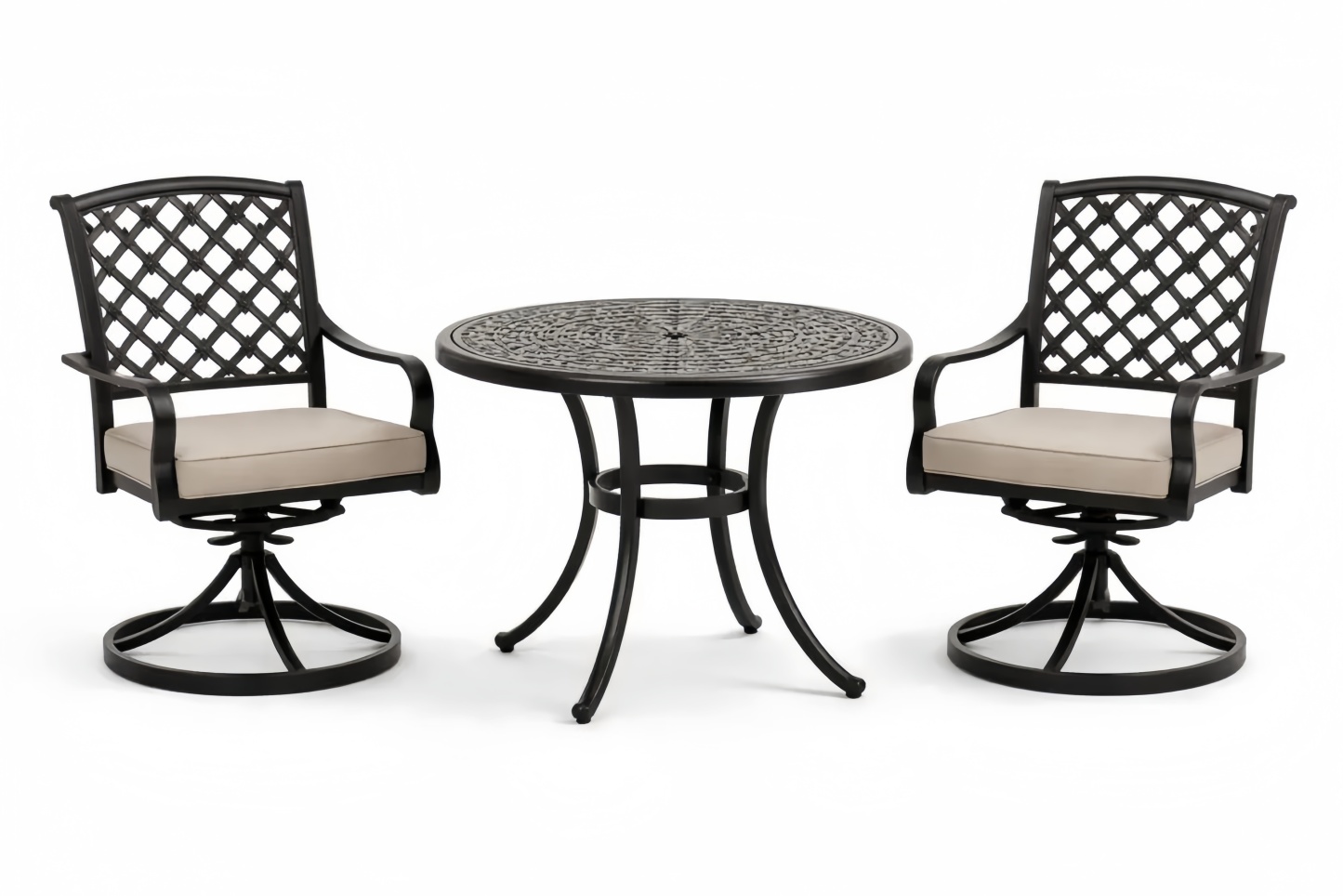 Outdoor Aluminum Patio Bistro Set with Cushioned Chairs and Round Table in Black