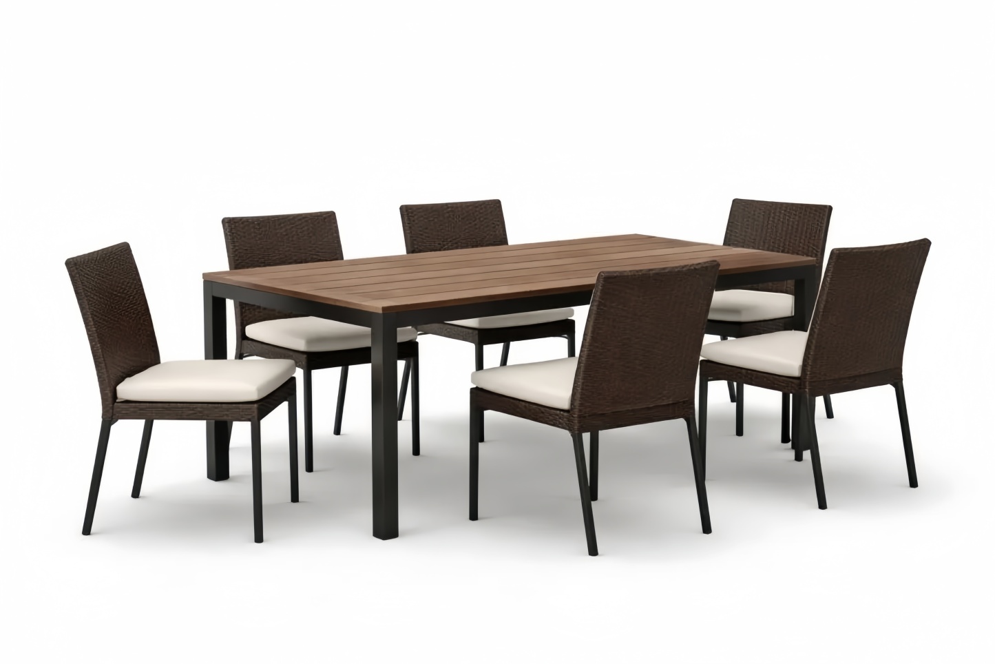 Wood and Steel Outdoor Dining Set with Table and Six Wicker Chairs Brown