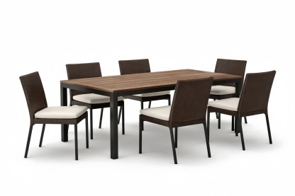 Wood and Steel Outdoor Dining Set with Table and Six Wicker Chairs Brown