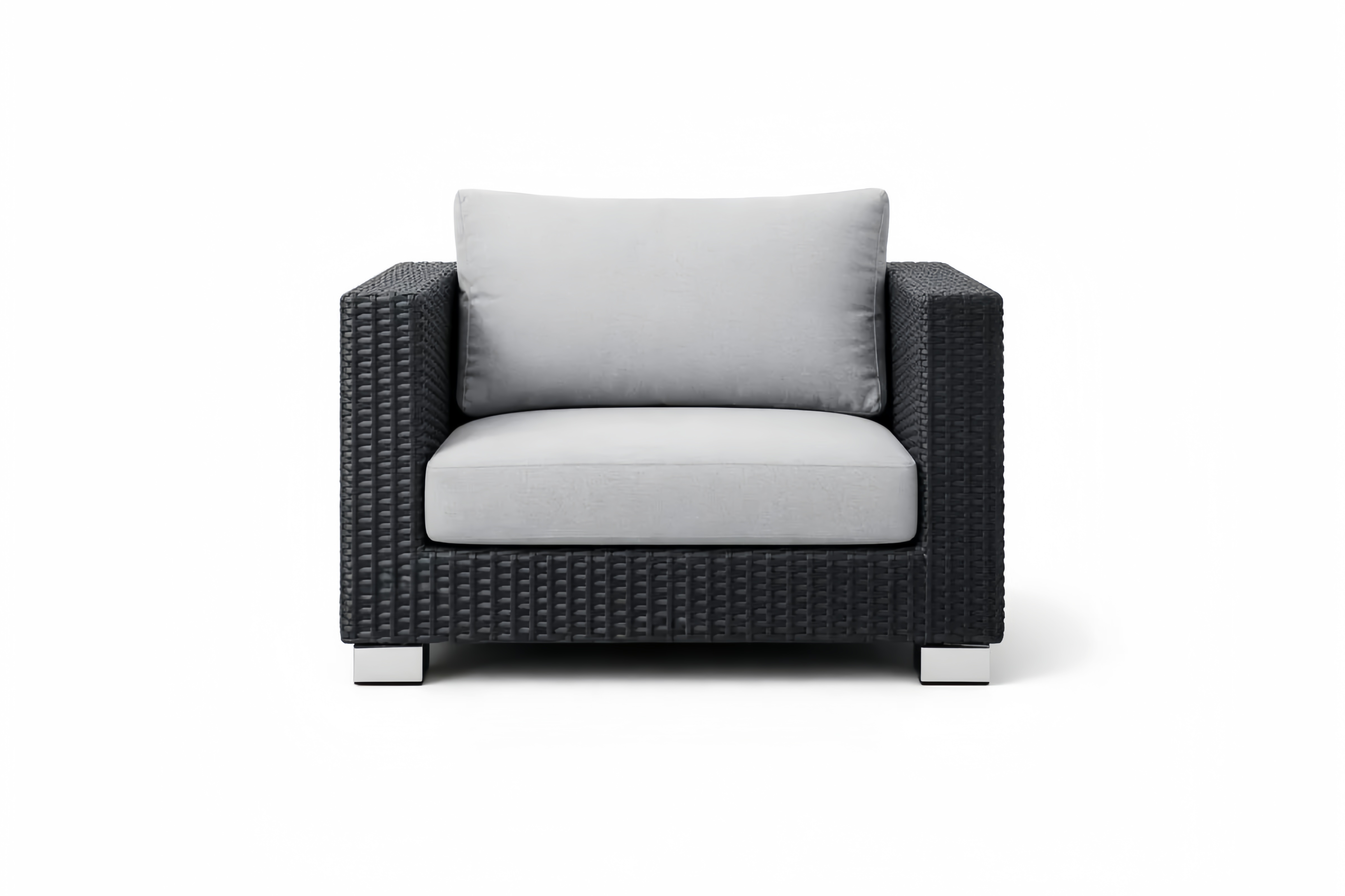 Outdoor Rattan Lounge Chair with Cushions Black Wicker Grey Fabric