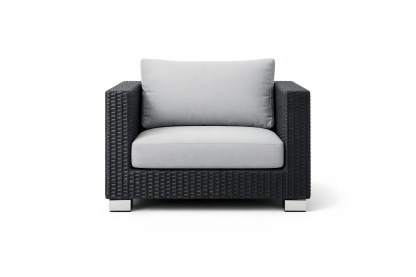 Outdoor Rattan Lounge Chair with Cushions Black Wicker Grey Fabric