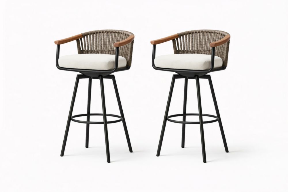 Set of 2 Swivel Barstools with Steel Frame and Wicker Backrest-Cosydimora