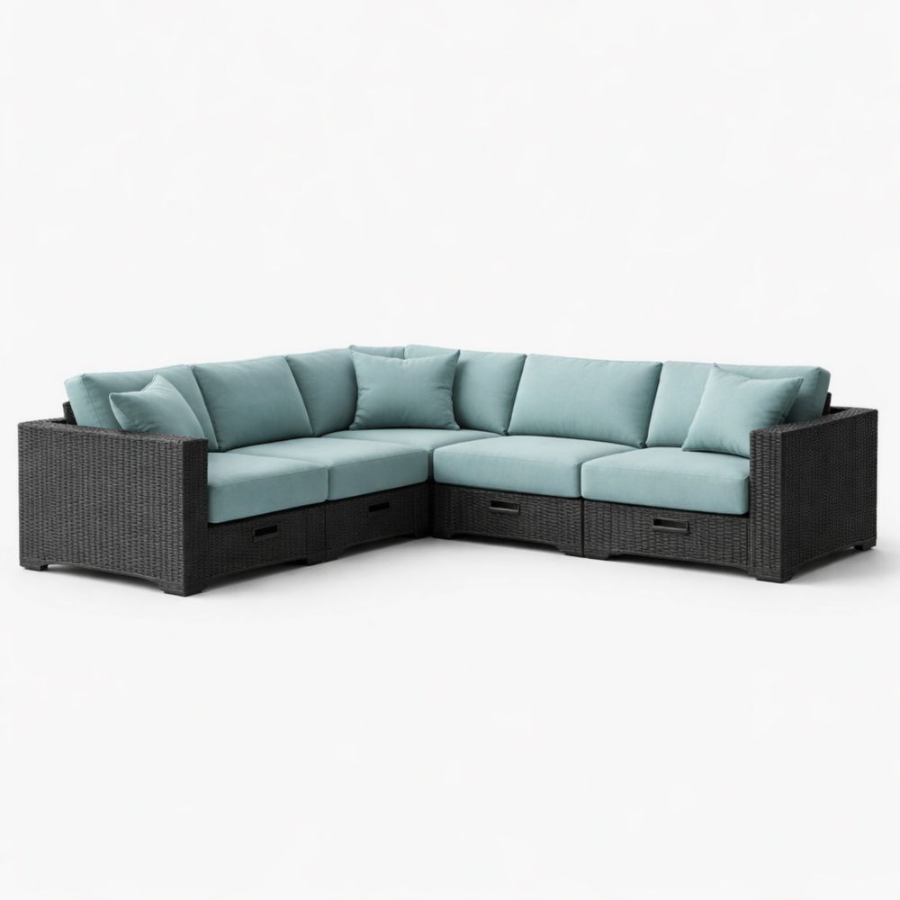 Outdoor Wicker Rattan L-Shaped Sectional Sofa Set with Cushions - Black/Blue-Cosydimora