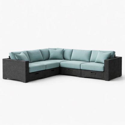 Outdoor Wicker Rattan L-Shaped Sectional Sofa Set with Cushions - Black/Blue-Cosydimora