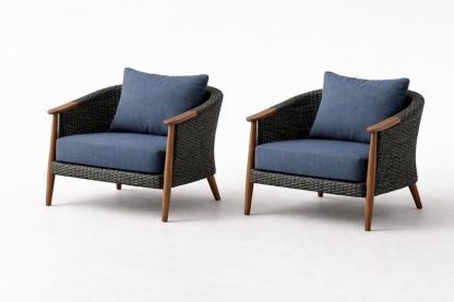 Wicker Outdoor Lounge Chairs Set of 2 with Teak Armrests and Blue Cushions-Cosydimora