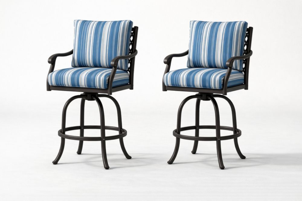 Set of 2 Swivel Bar Stools with Blue Striped Cushions and Aluminum Frame-Cosydimora