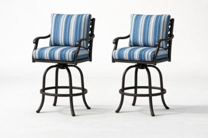 Set of 2 Swivel Bar Stools with Blue Striped Cushions and Aluminum Frame-Cosydimora