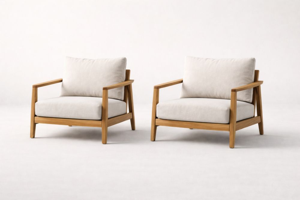 Set of 2 Teak Armchairs with Beige Cushions-Cosydimora