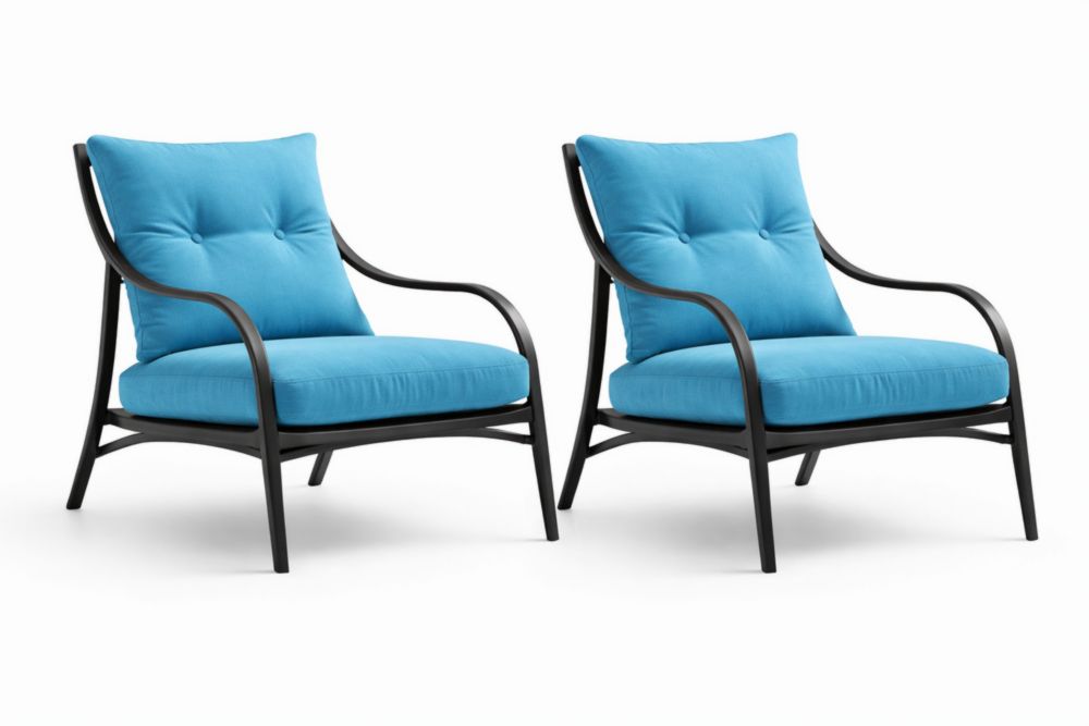 Set of 2 Lounge Chairs with Blue Cushions and Black Aluminum Frame-Cosydimora