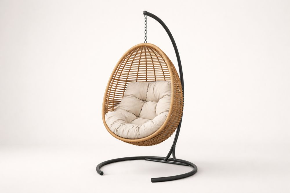 Rattan Outdoor Hanging Chairs with Beige Cushion and Stand-Cosydimora
