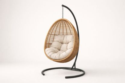 Rattan Outdoor Hanging Chairs with Beige Cushion and Stand-Cosydimora