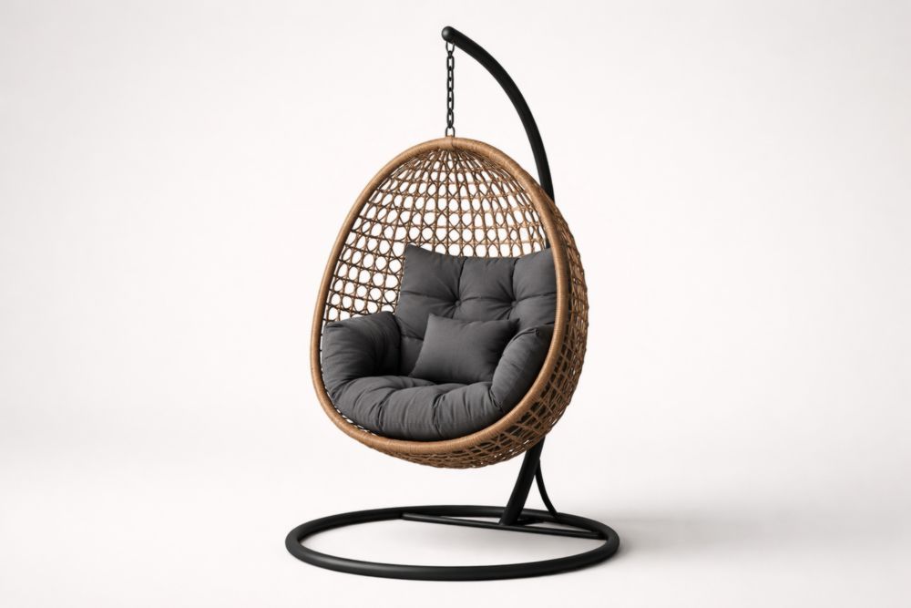 Rattan Hanging Egg Chair with Stand Wicker Grey Cushion 150x95x95 cm-Cosydimora