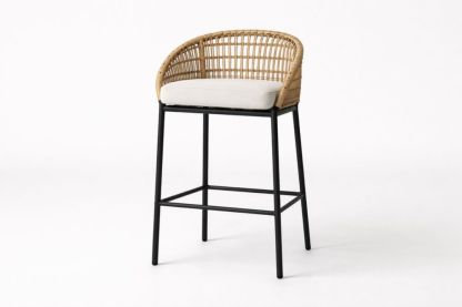 Wicker Bar Stool with Black Aluminum Frame and Beige Cushion-Cosydimora