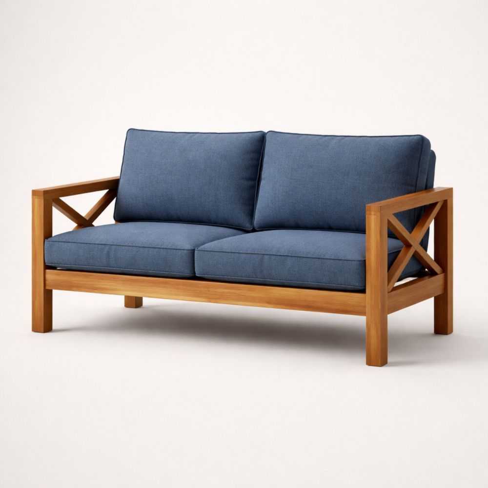 Outdoor Teak Wood Sofa with Blue Cushions 130cm-Cosydimora