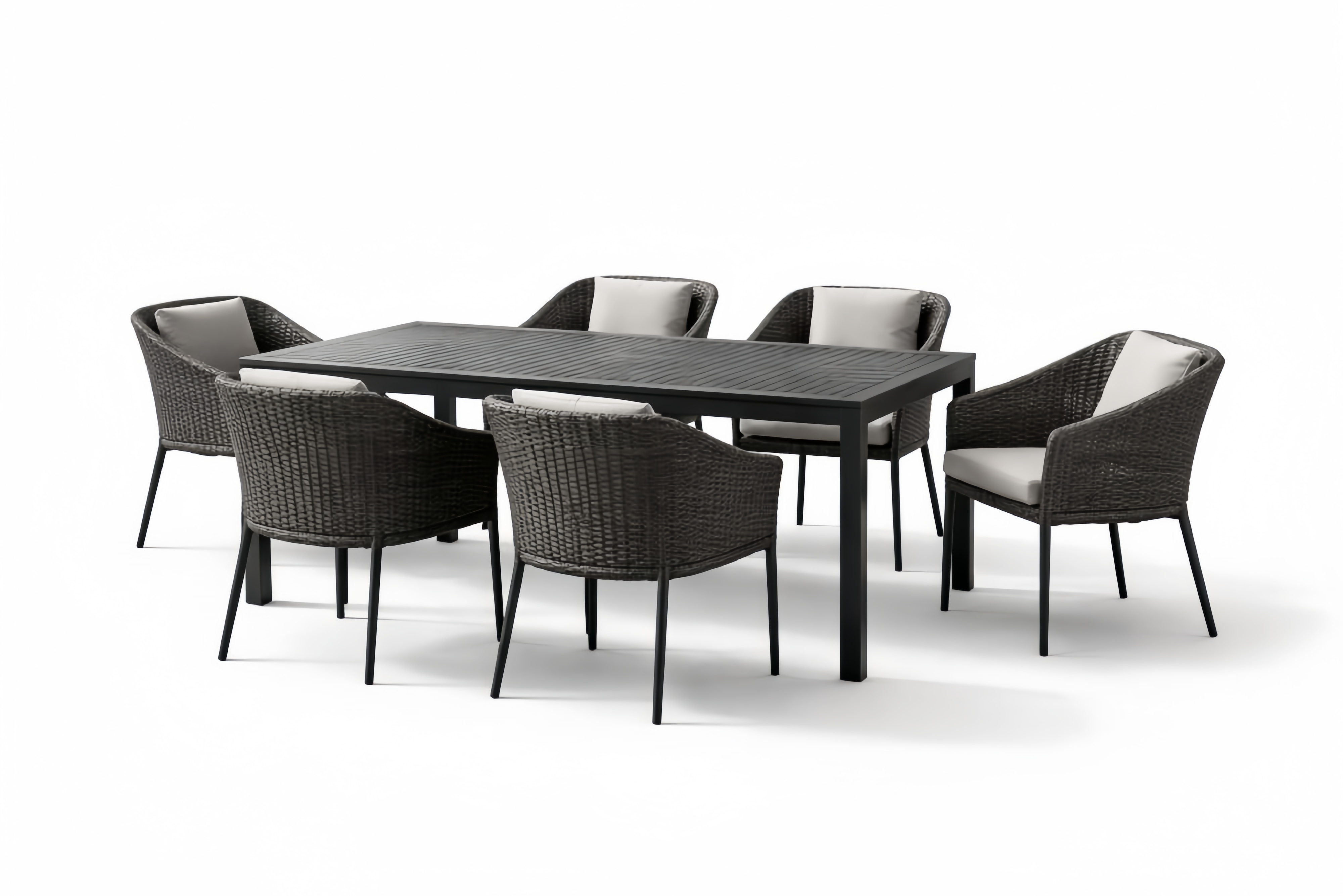 Outdoor Dining Table Set with 6 Wicker and Metal Chairs in Black and Grey