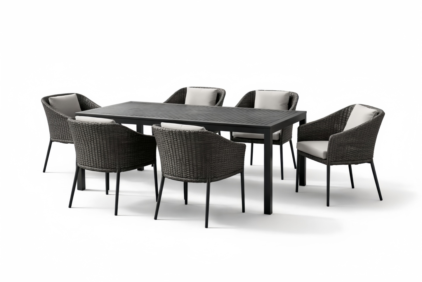 Outdoor Dining Table Set with 6 Wicker and Metal Chairs in Black and Grey