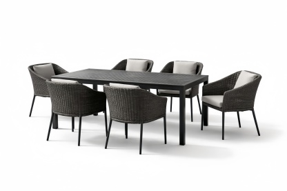 Outdoor Dining Table Set with 6 Wicker and Metal Chairs in Black and Grey