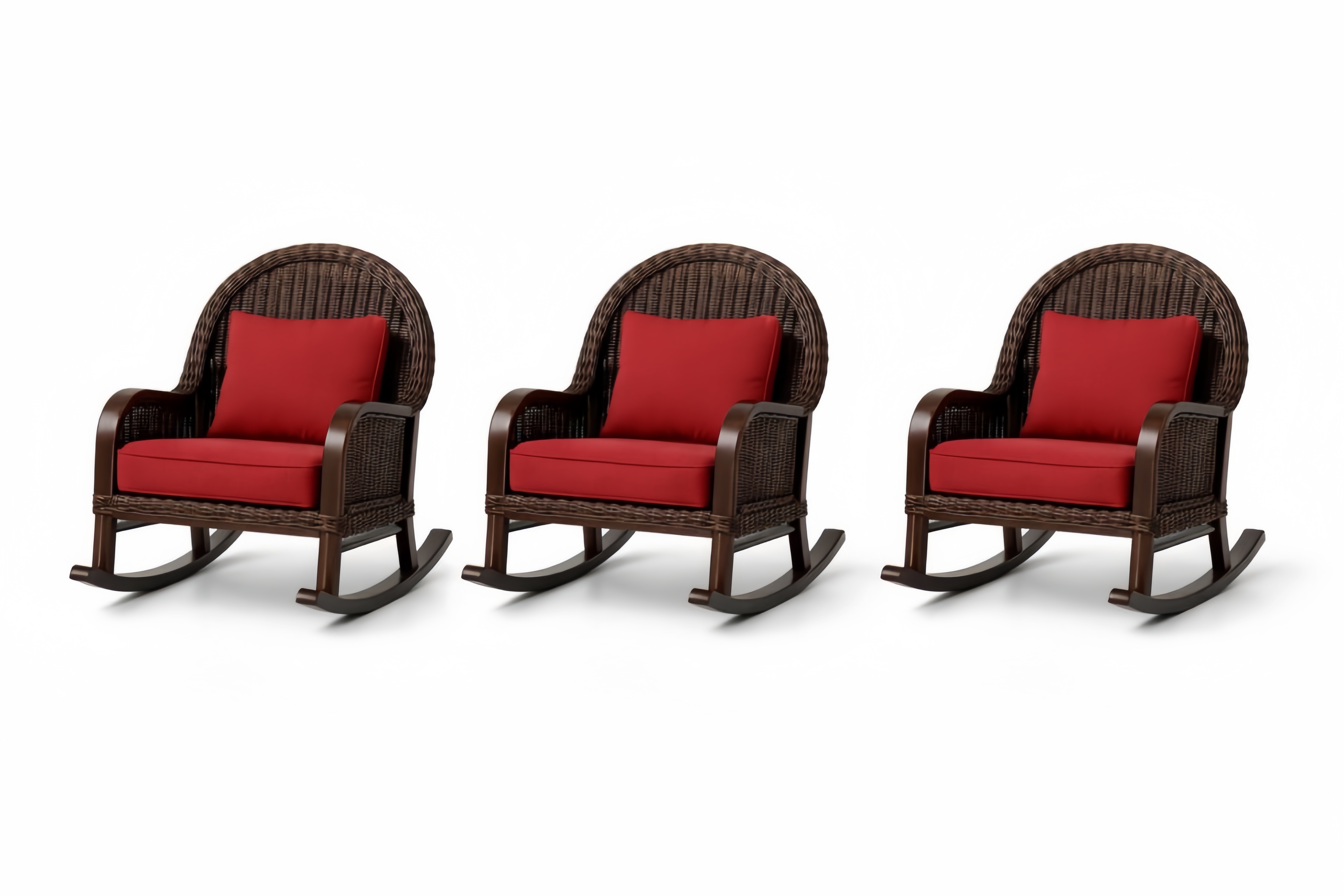 Outdoor Wicker Rocking Chair Set with Red Cushions Brown 3 Piece