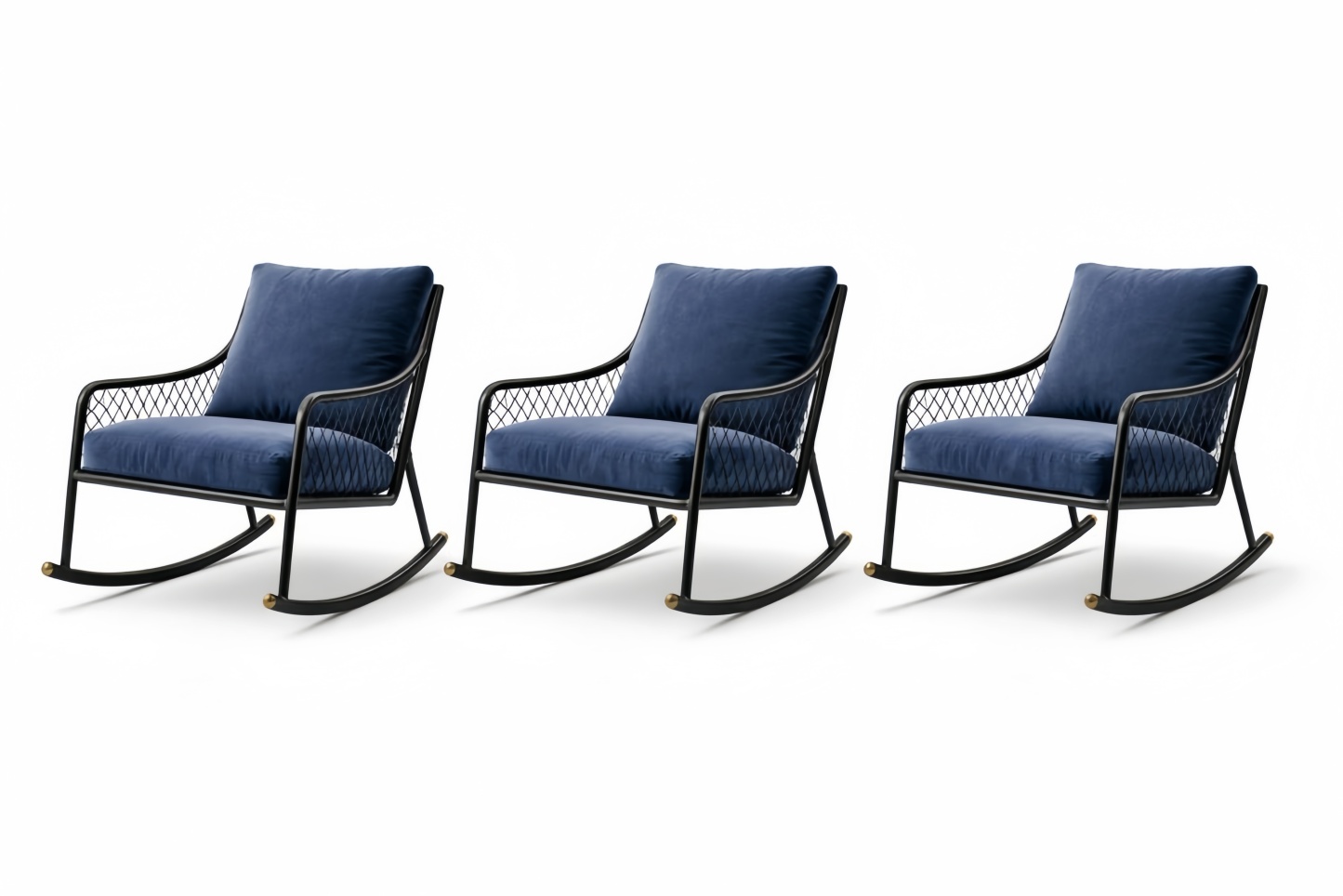 Set of 3 Blue Fabric Cushioned Metal Frame Rocking Chairs