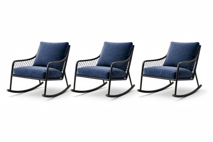 Set of 3 Blue Fabric Cushioned Metal Frame Rocking Chairs
