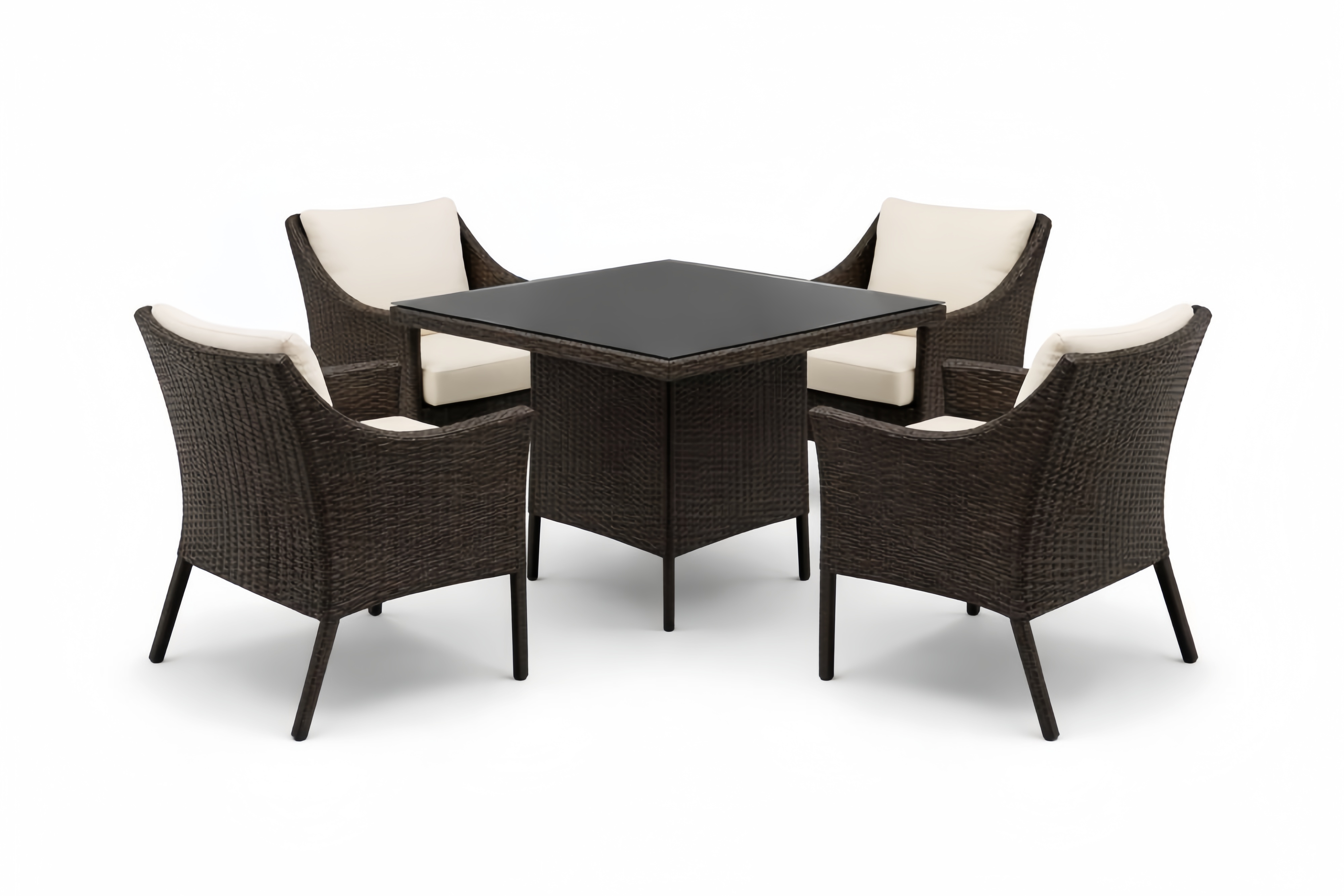 Outdoor Brown Wicker Dining Set with Square Glass Table and 4 Beige Cushioned Chairs