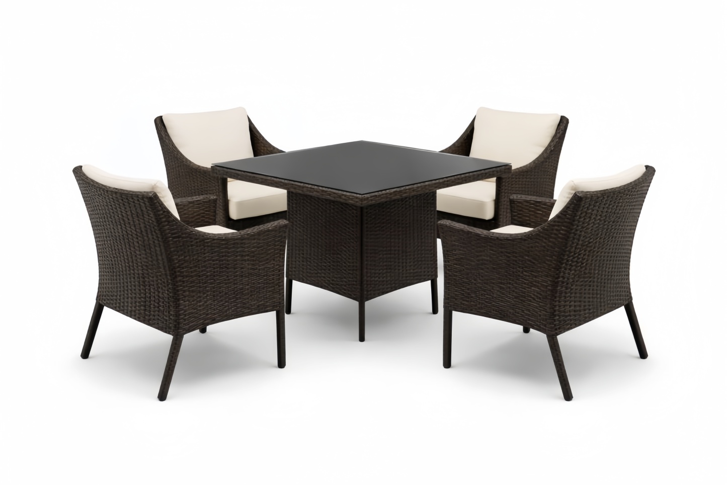 Outdoor Brown Wicker Dining Set with Square Glass Table and 4 Beige Cushioned Chairs