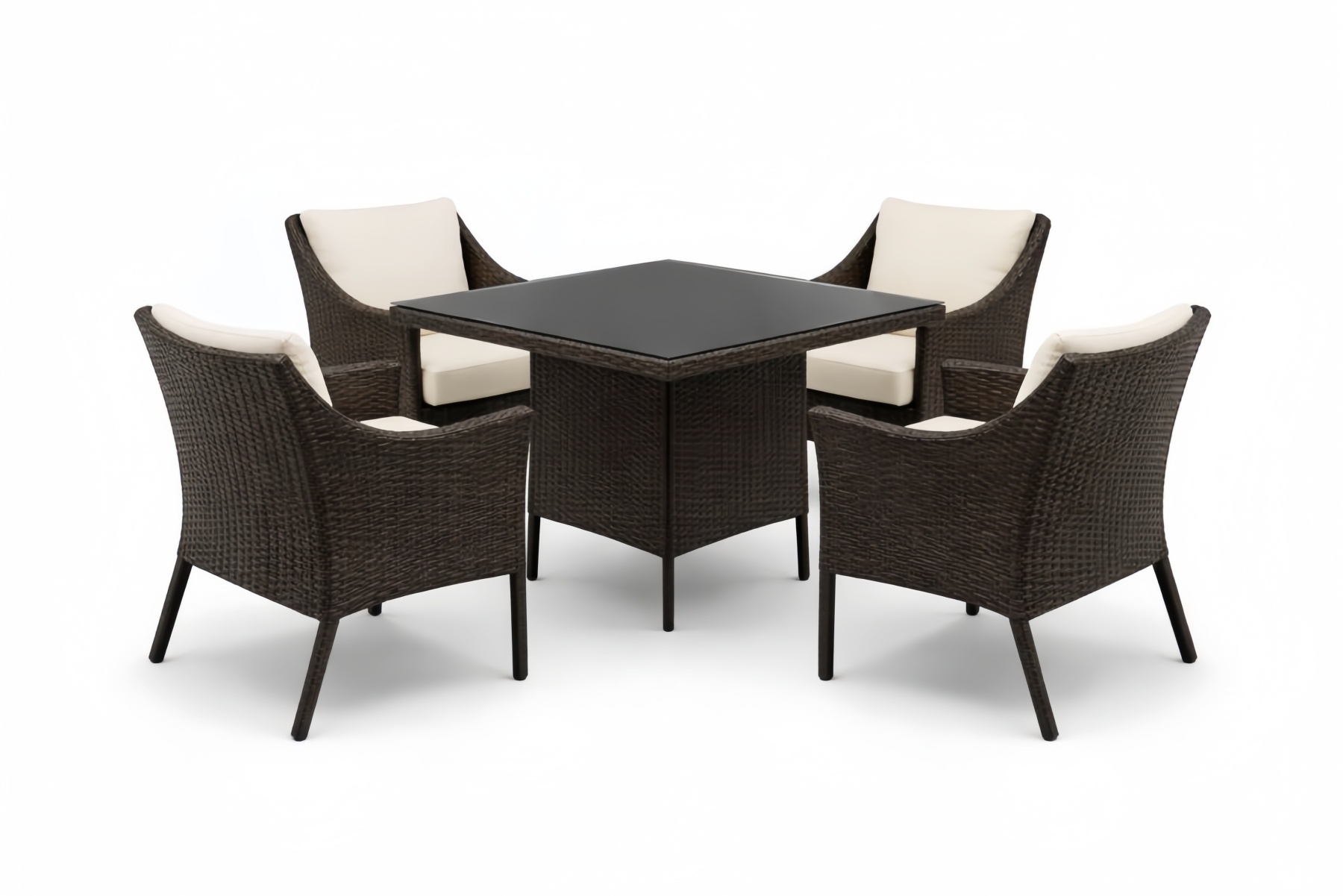 Outdoor Brown Wicker Dining Set with Square Glass Table and 4 Beige Cushioned Chairs