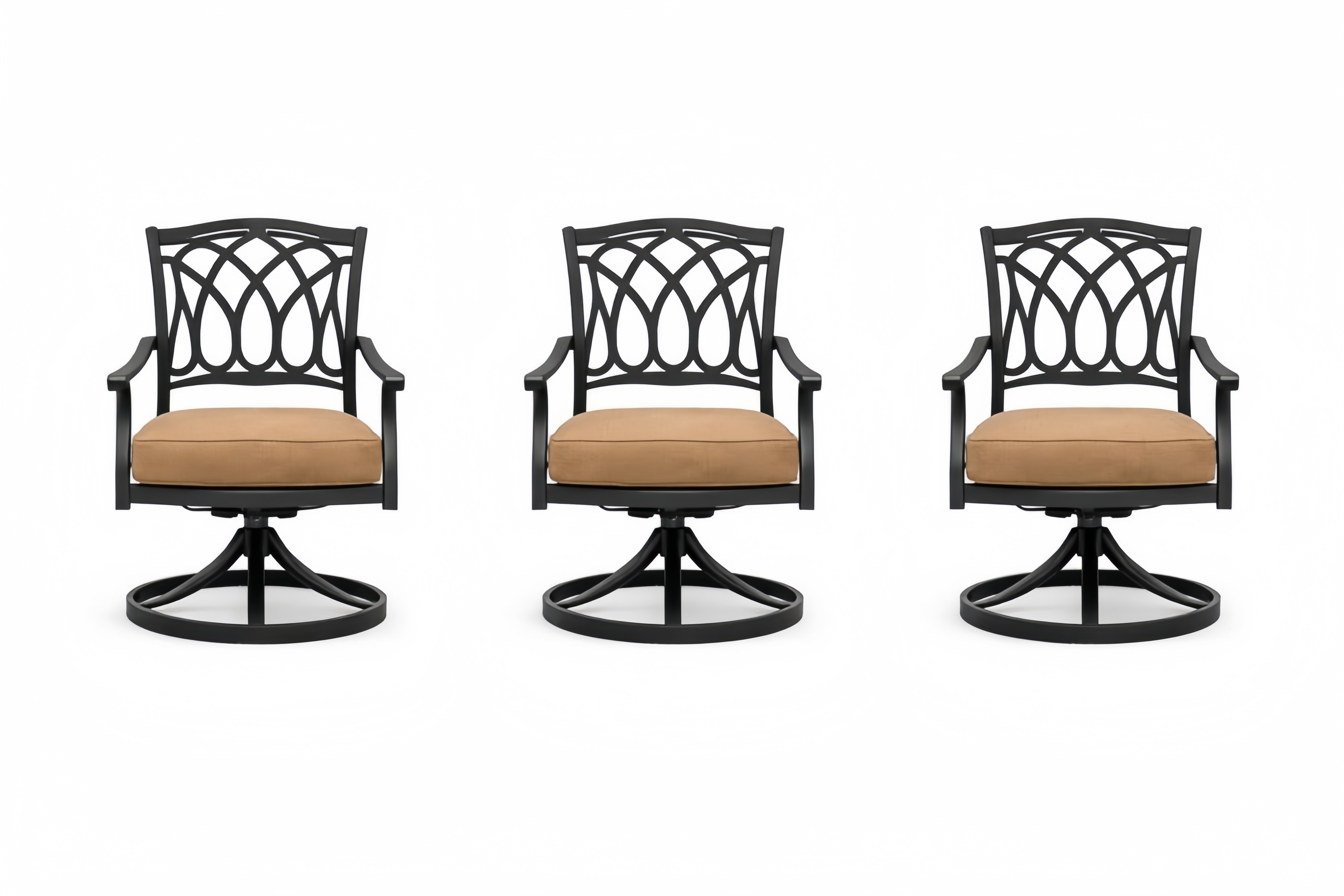 Outdoor Swivel Dining Chairs Set with Black Metal Frame and Beige Polyester Cushions