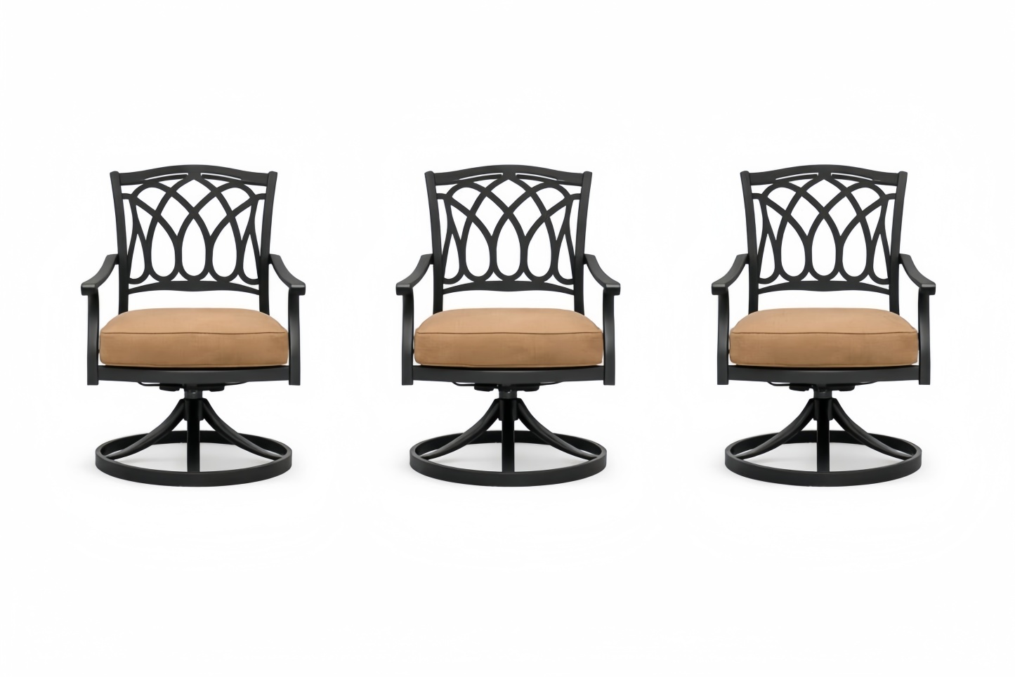 Outdoor Swivel Dining Chairs Set with Black Metal Frame and Beige Polyester Cushions