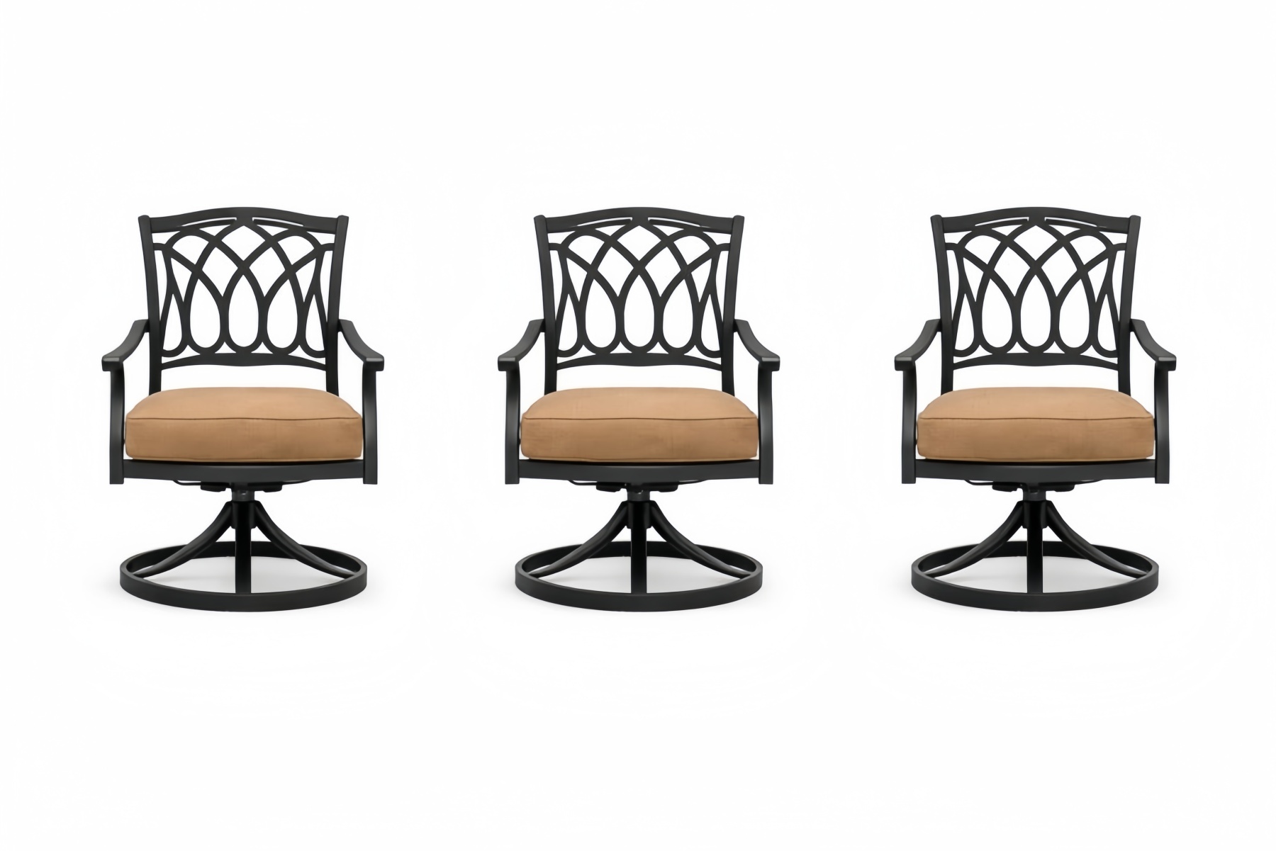 Outdoor Swivel Dining Chairs Set with Black Metal Frame and Beige Polyester Cushions