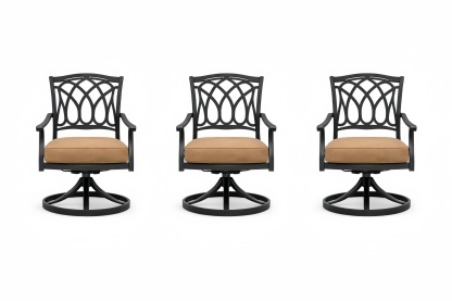 Outdoor Swivel Dining Chairs Set with Black Metal Frame and Beige Polyester Cushions