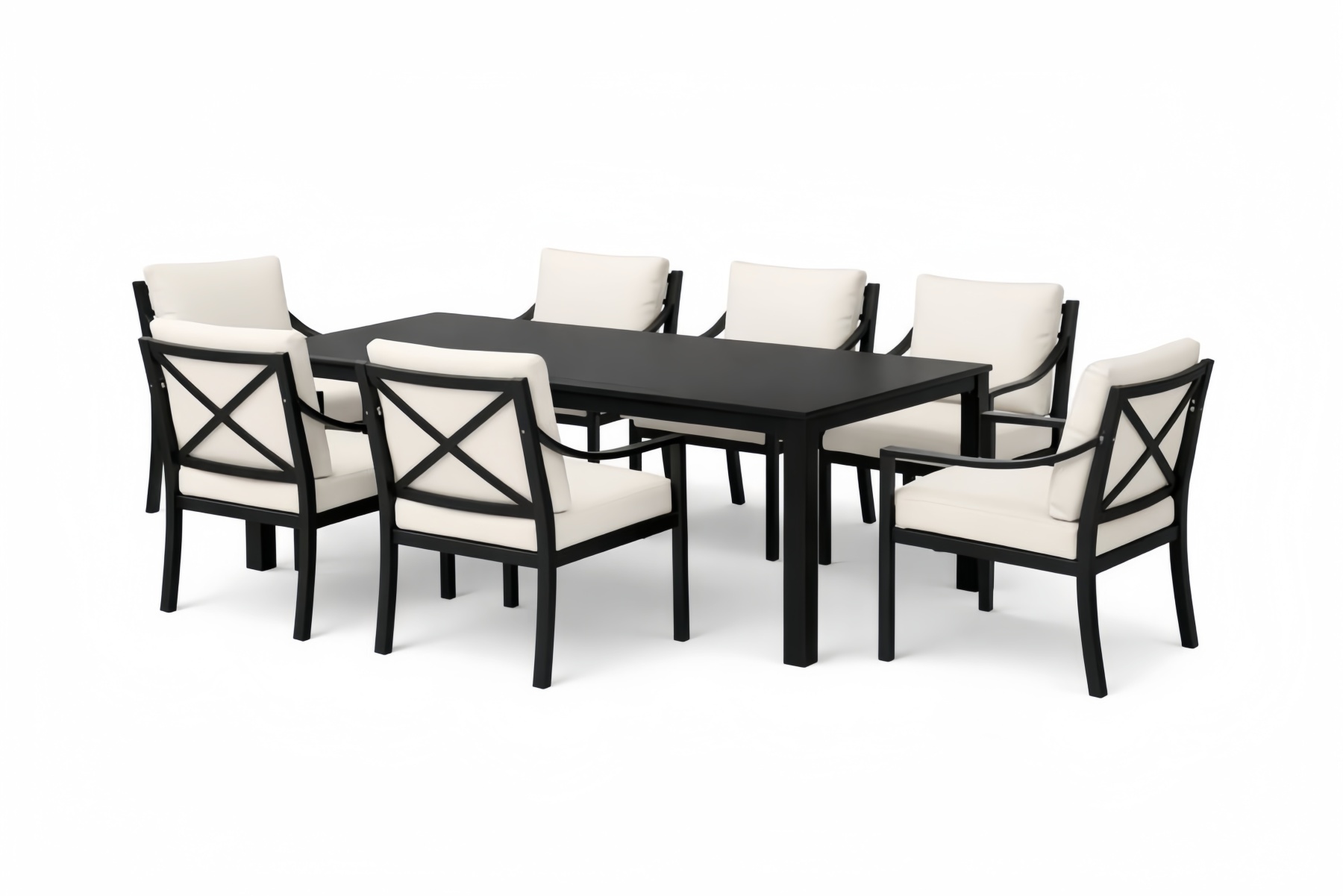 Outdoor Dining Set Rectangular Table and 7 Chairs Black Aluminum Beige Cushions