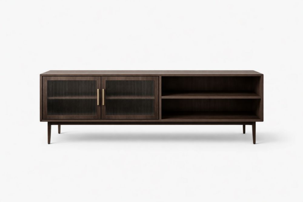Dark Wood TV Stand with Ribbed Glass Doors and Open Shelves