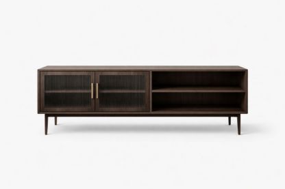 Dark Wood TV Stand with Ribbed Glass Doors and Open Shelves