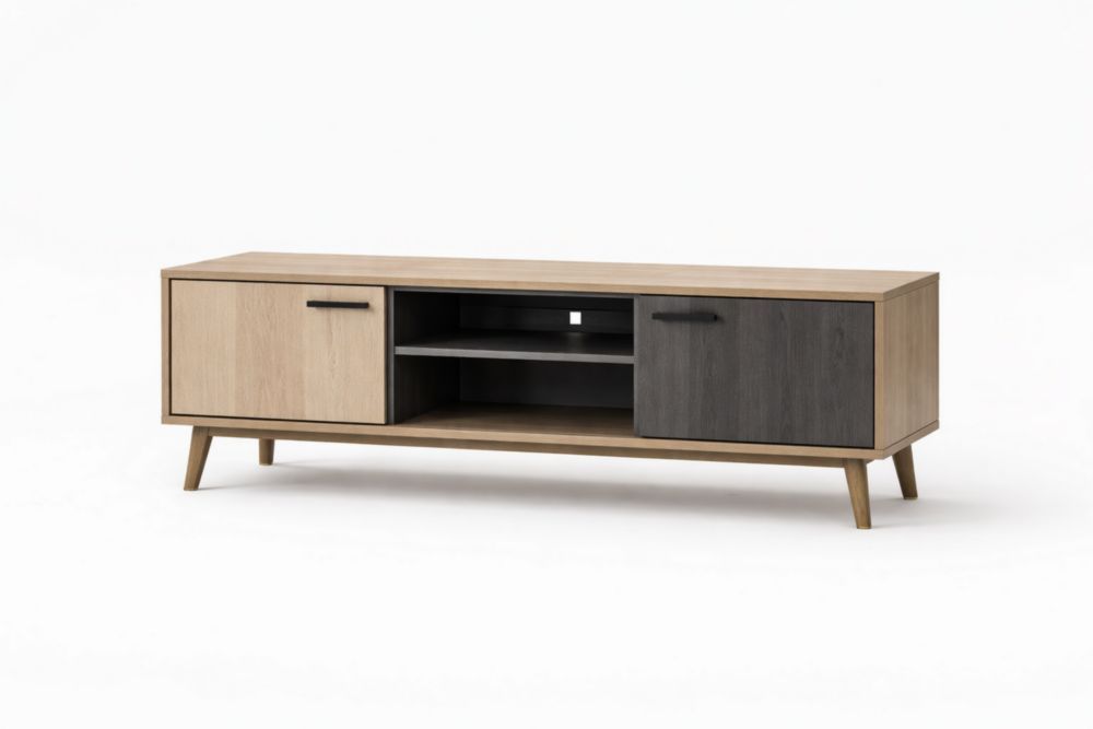 Wooden TV Stand with Dual Tone Cabinets and Open Shelves