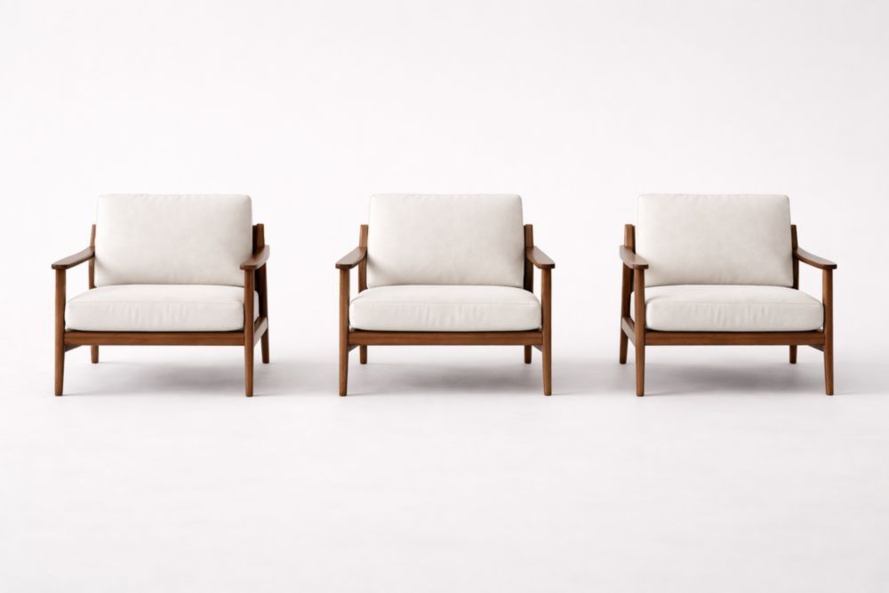 Set of 3 Armchairs Wooden Frame White Upholstery